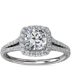 Cushion-Shaped Split-Shank Diamond Halo Engagement Ring in 18k White Gold
